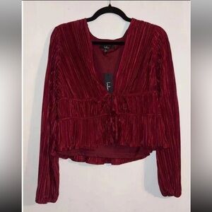 Sold out Lulus Luxe Designs Wine Red Plisse Satin Long Sleeve Tie-Front Top Red